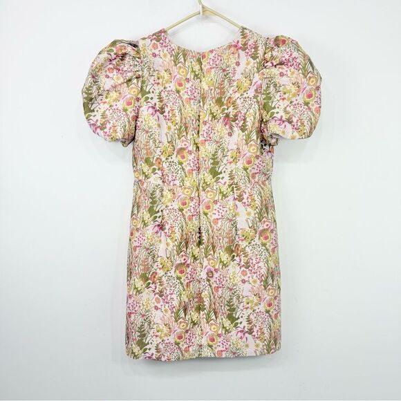 Clover and Sloane Pink Green Floral Print Jacquard Puff Sleeve Sheath Mini Dress - Picture 9 of 16
